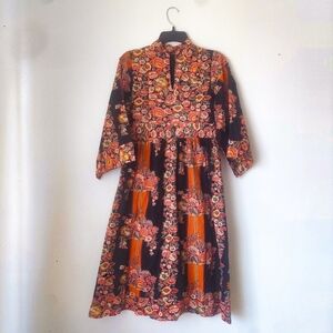 Vintage, Fall, Midi, Black & Rust Orange Floral Print, Small, Handmade 🧡